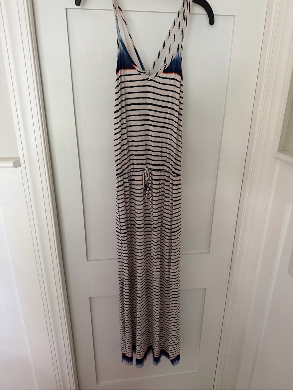 Tart Striped Maxi Dress in Ivory and Navy with Coral Accent